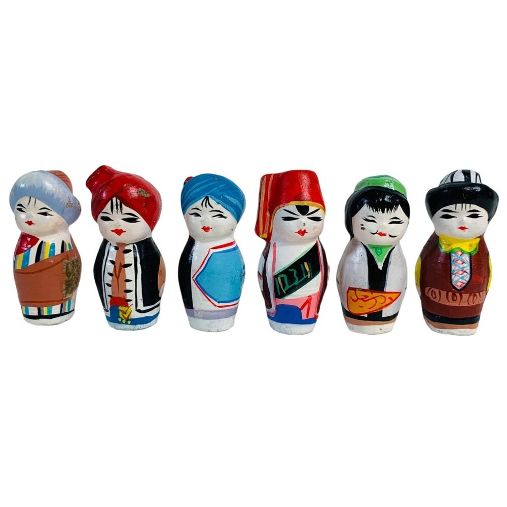 Folk Art Mini Kokeshi Clay Dolls Set of 6 Collectible Figurines Hand Painted